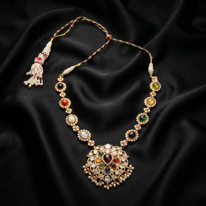 Intricate Multi-Stone Silver Navaratna Statement Necklace
