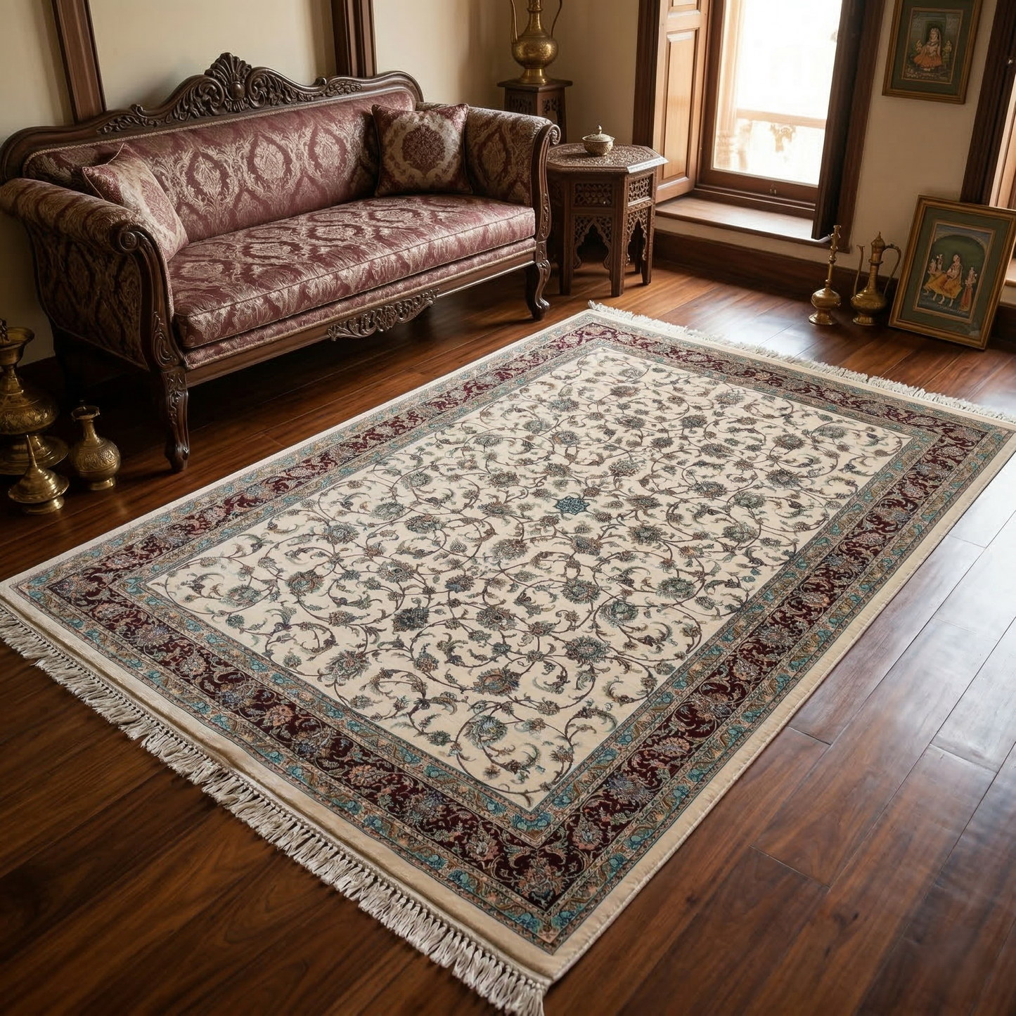Intricate Floral Medallion Cream Silk Rug