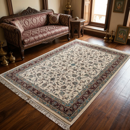 Intricate Floral Medallion Cream Silk Rug