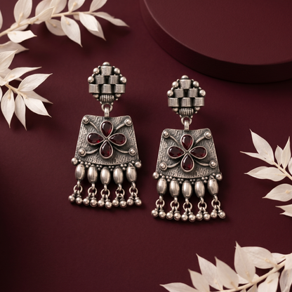 Handcrafted Oxidized Silver Floral Drop Earrings