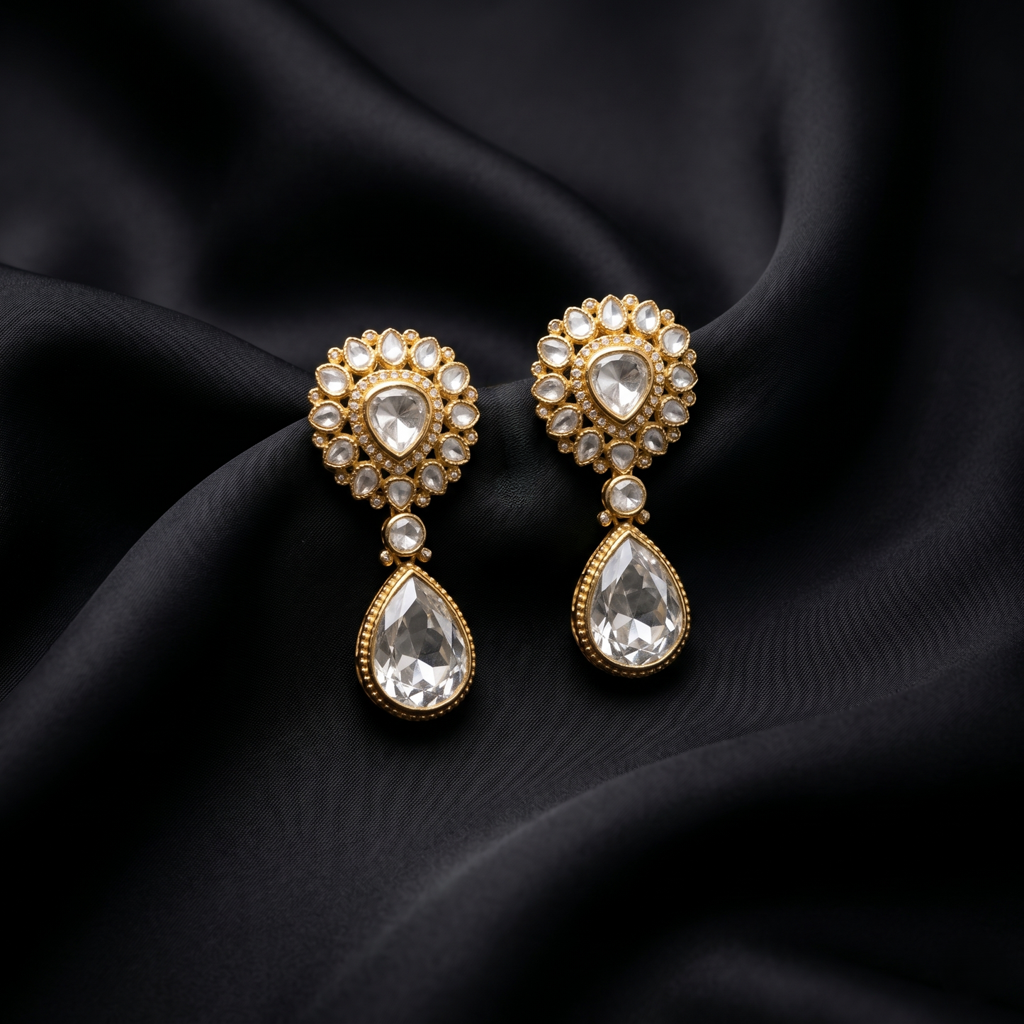 Gold Plated Silver Polki Drop Earrings
