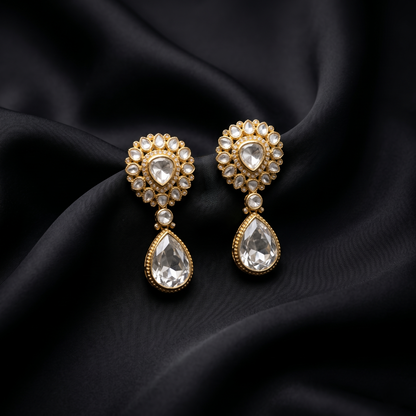 Gold Plated Silver Polki Drop Earrings