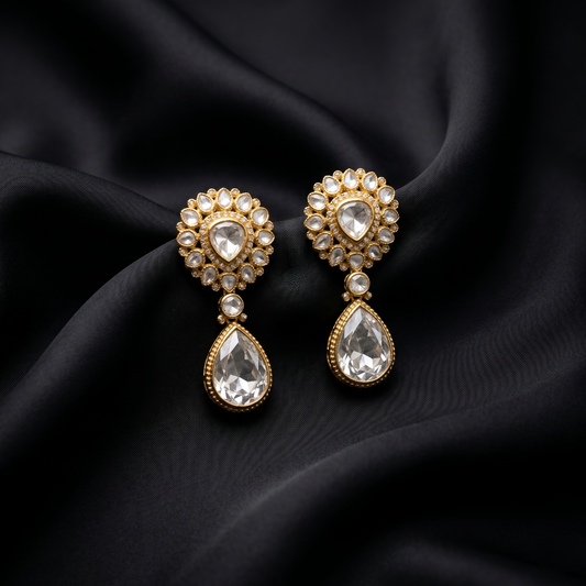Gold Plated Silver Polki Drop Earrings