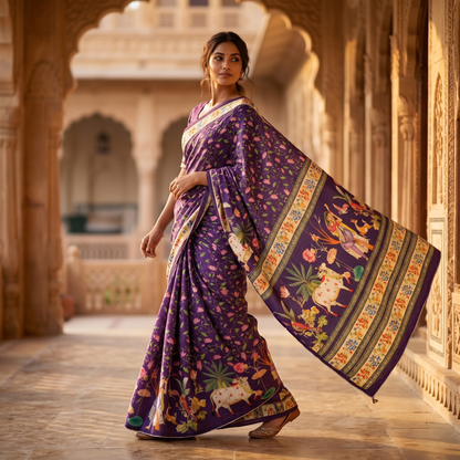 Royal Purple Pichwai Heritage Silk Saree