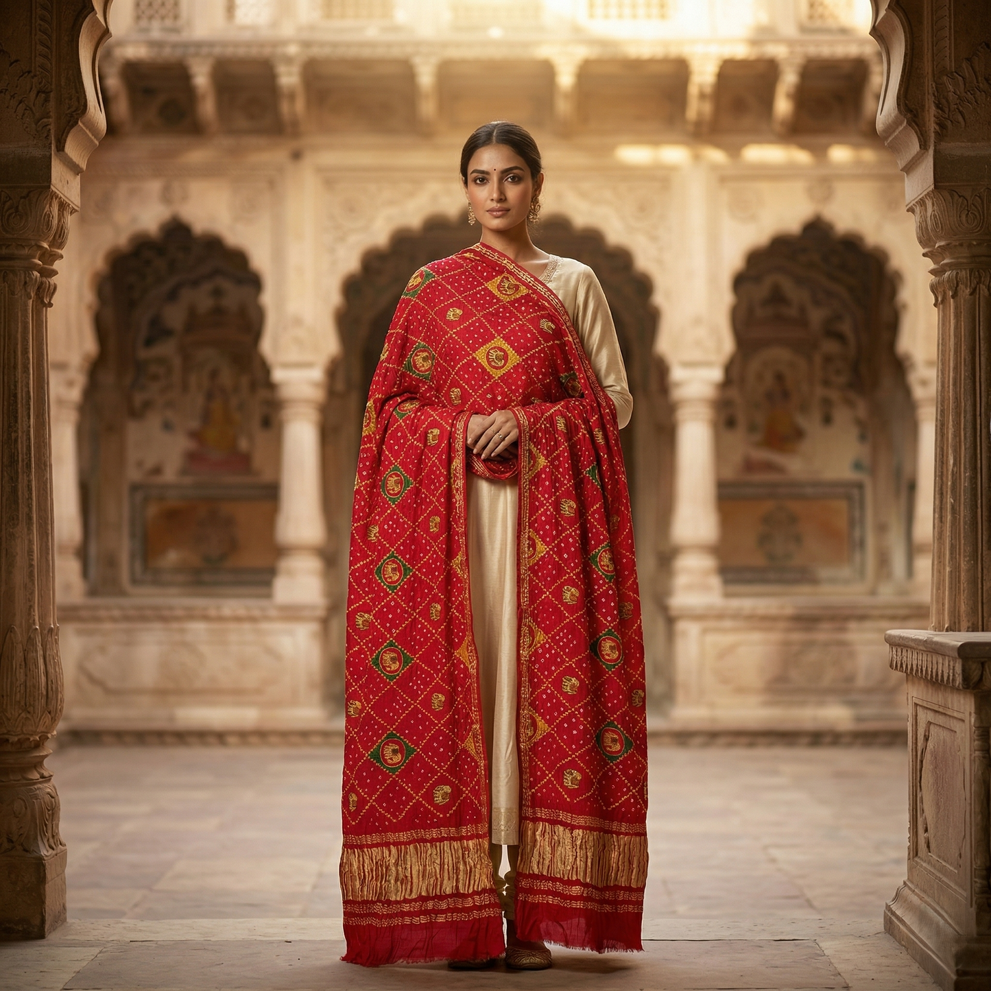 Royal Crimson Handcrafted Silk Bandhani Dupatta