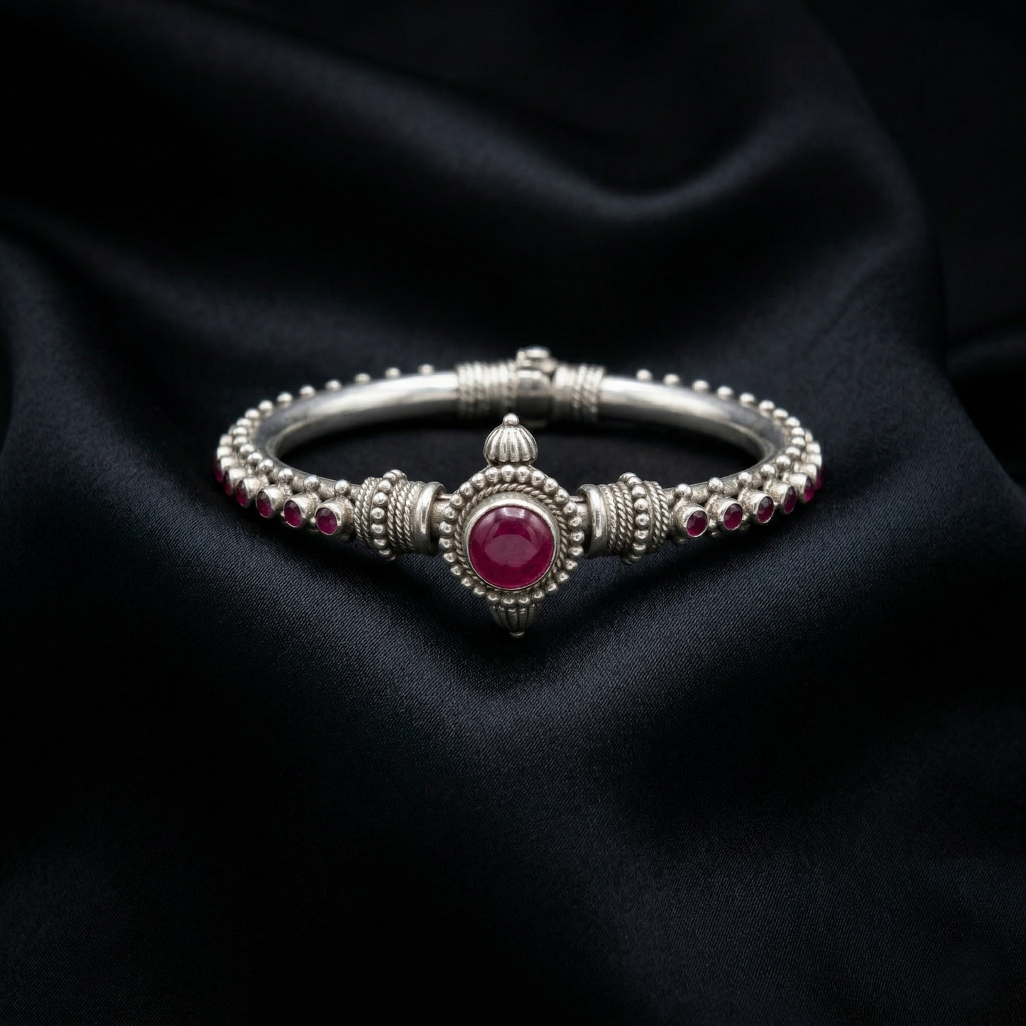 Handcrafted Silver Kada with Ruby Accents