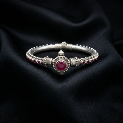 Handcrafted Silver Kada with Ruby Accents