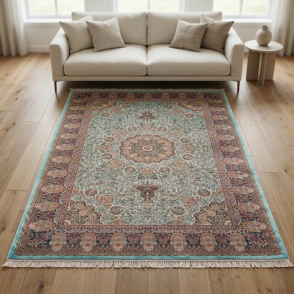Turquoise Medallion Traditional Persian Style Rug