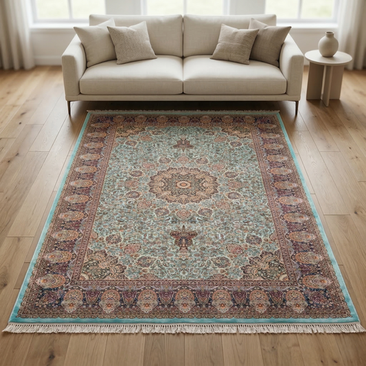 Turquoise Medallion Traditional Persian Style Rug