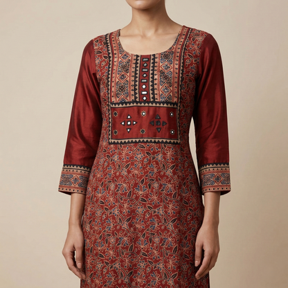 Earthy Elegance Rust Floral Artisan Kurti