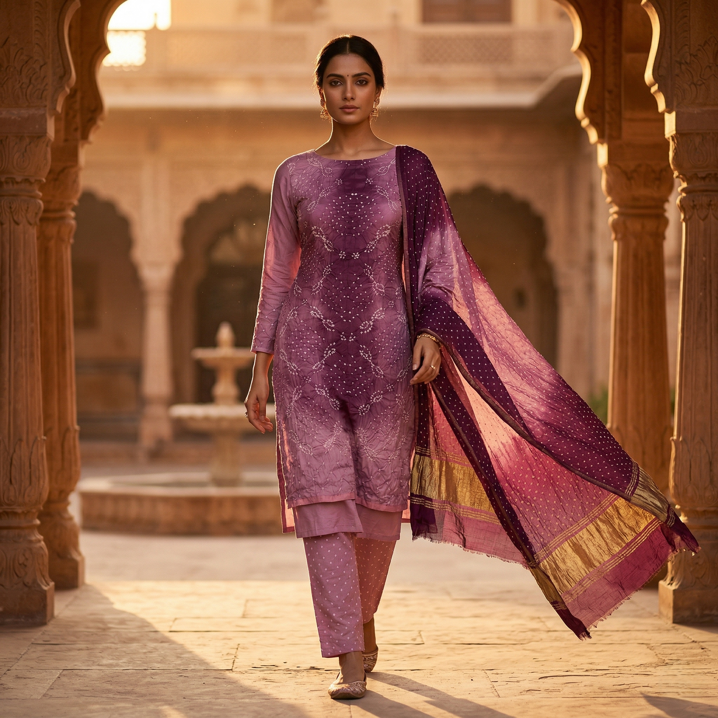 Royal Lavender Bandhani Silk Unstitched Suit