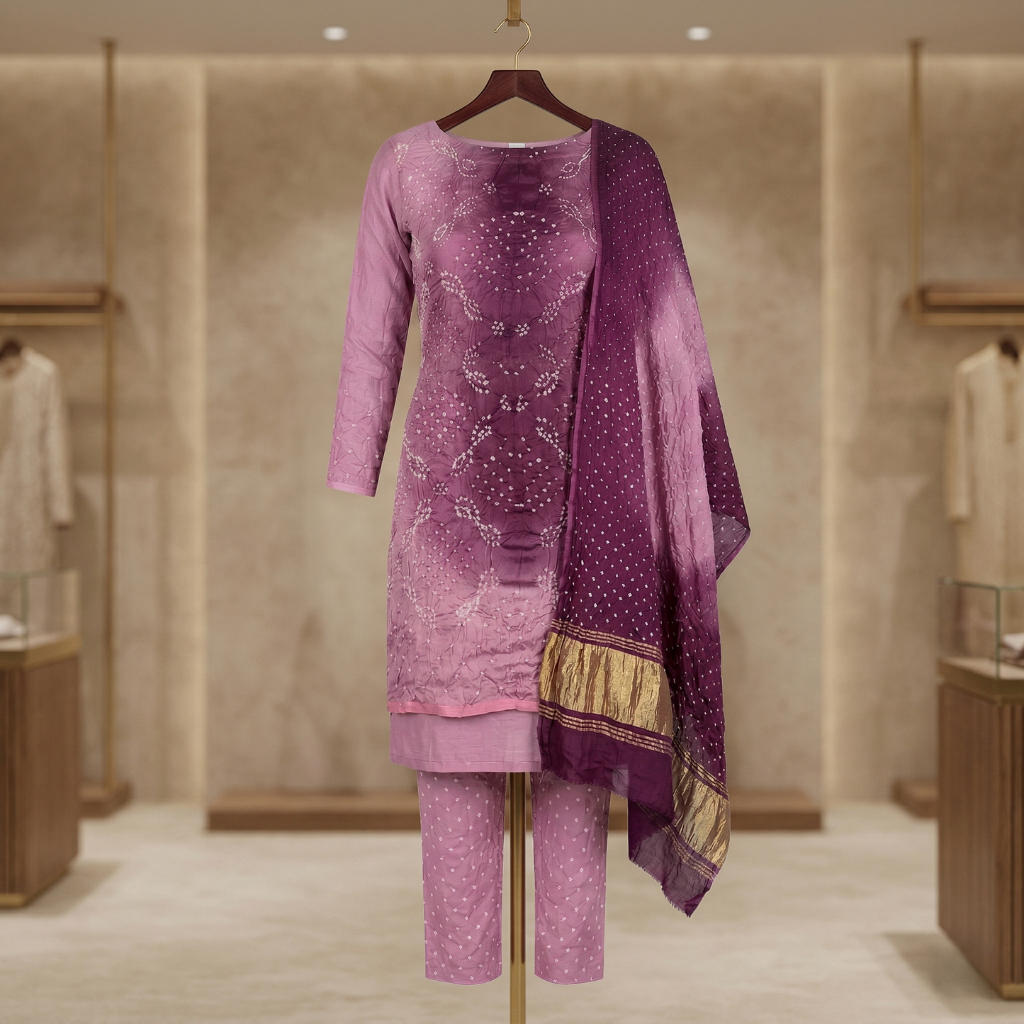 Royal Lavender Bandhani Silk Unstitched Suit