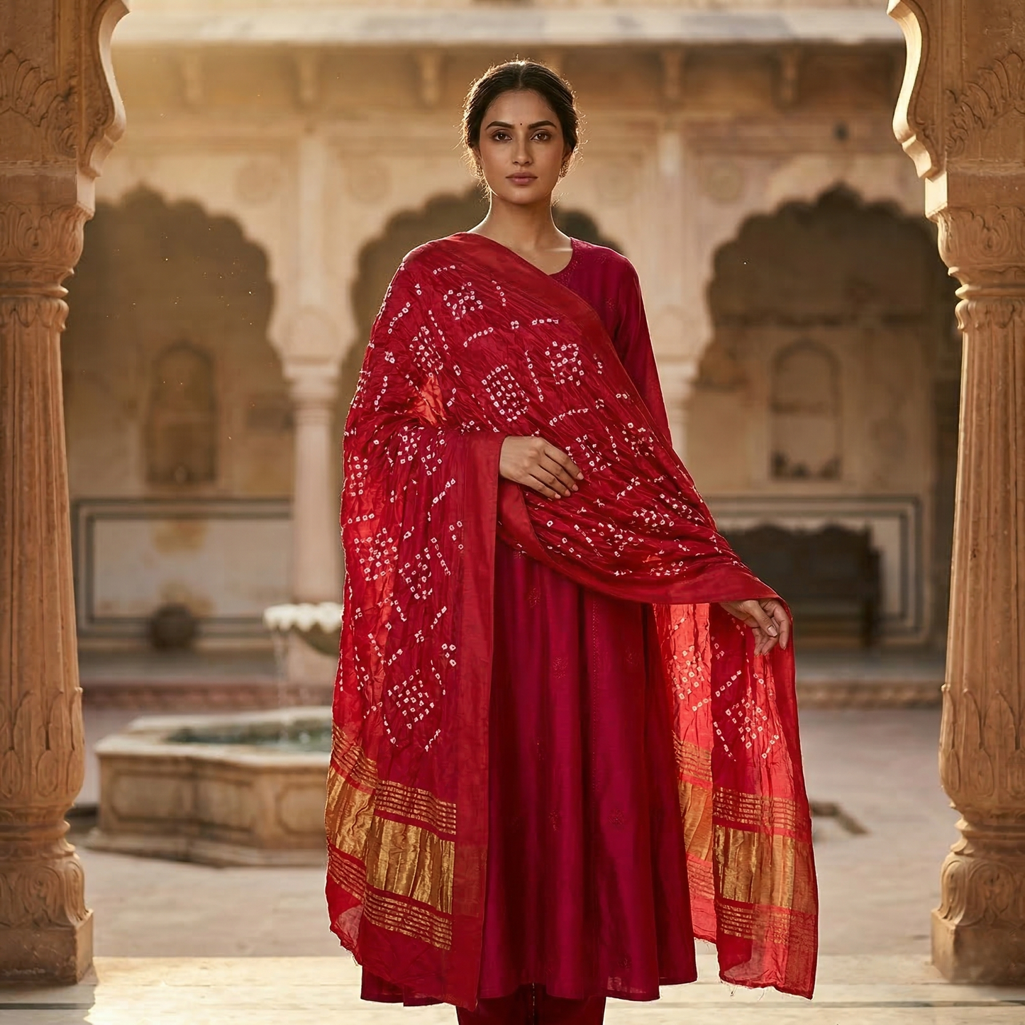 Royal Crimson Handcrafted Bandhani Silk Dupatta