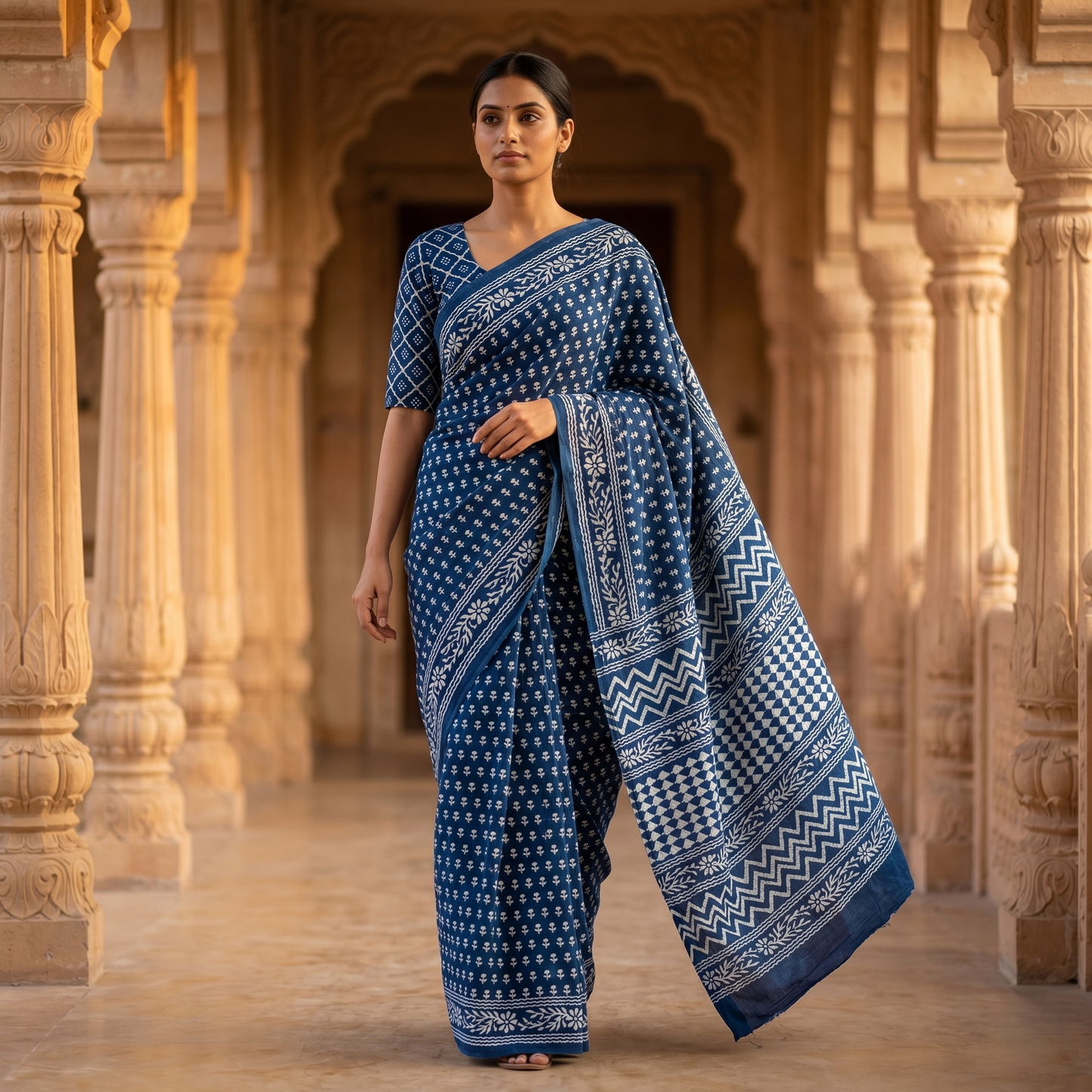 Indigo Elegance Block-Printed Cotton Saree