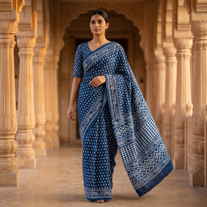 Indigo Elegance Block-Printed Cotton Saree