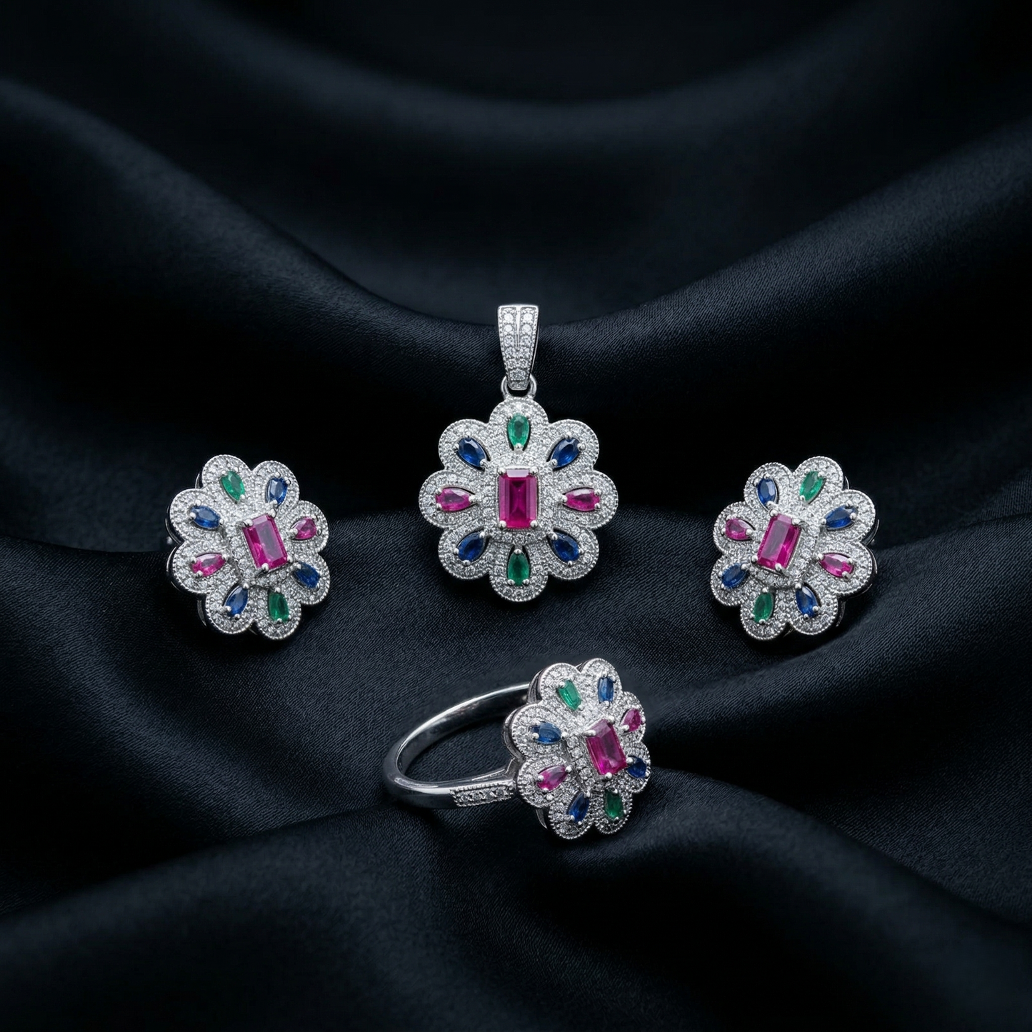 Exquisite Floral 92.5 Silver Multi-Gemstone Set