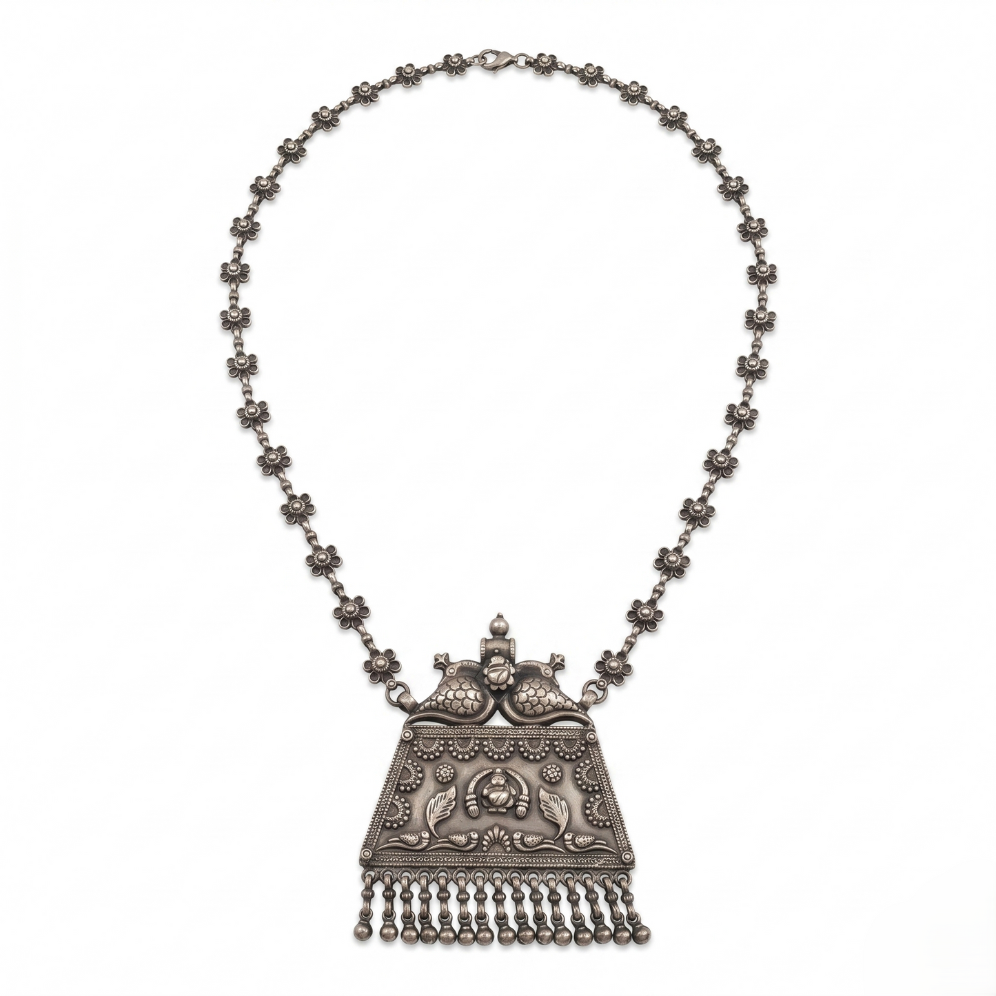 Intricate Floral Silver Necklace With Pendant