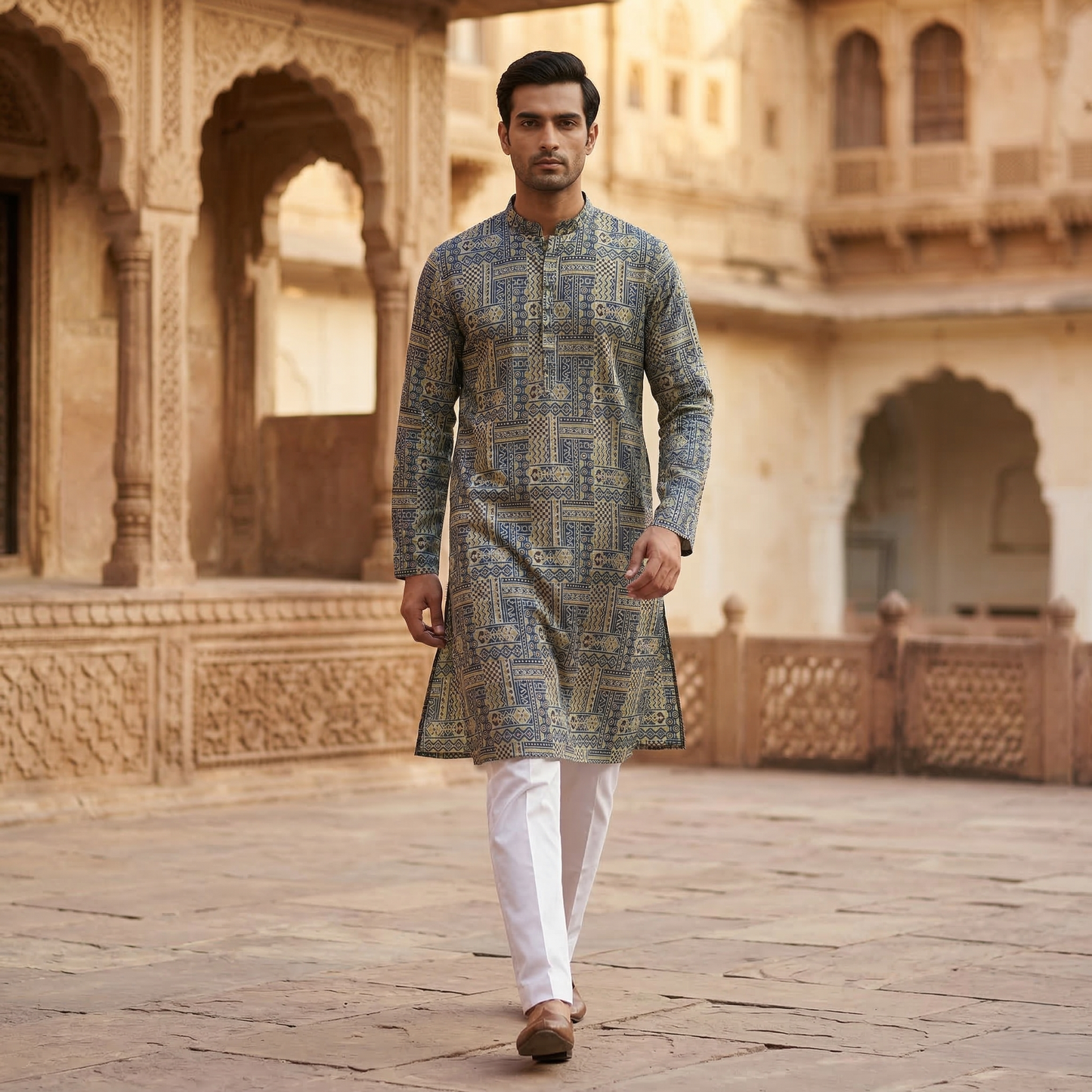 Geometric Azure Print Cotton Mens Kurta