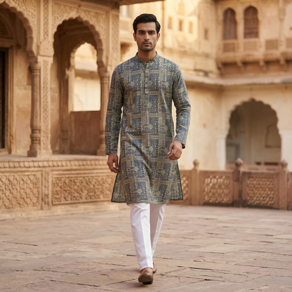 Geometric Azure Print Cotton Mens Kurta