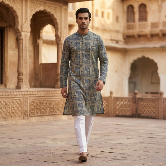 Geometric Azure Print Cotton Mens Kurta