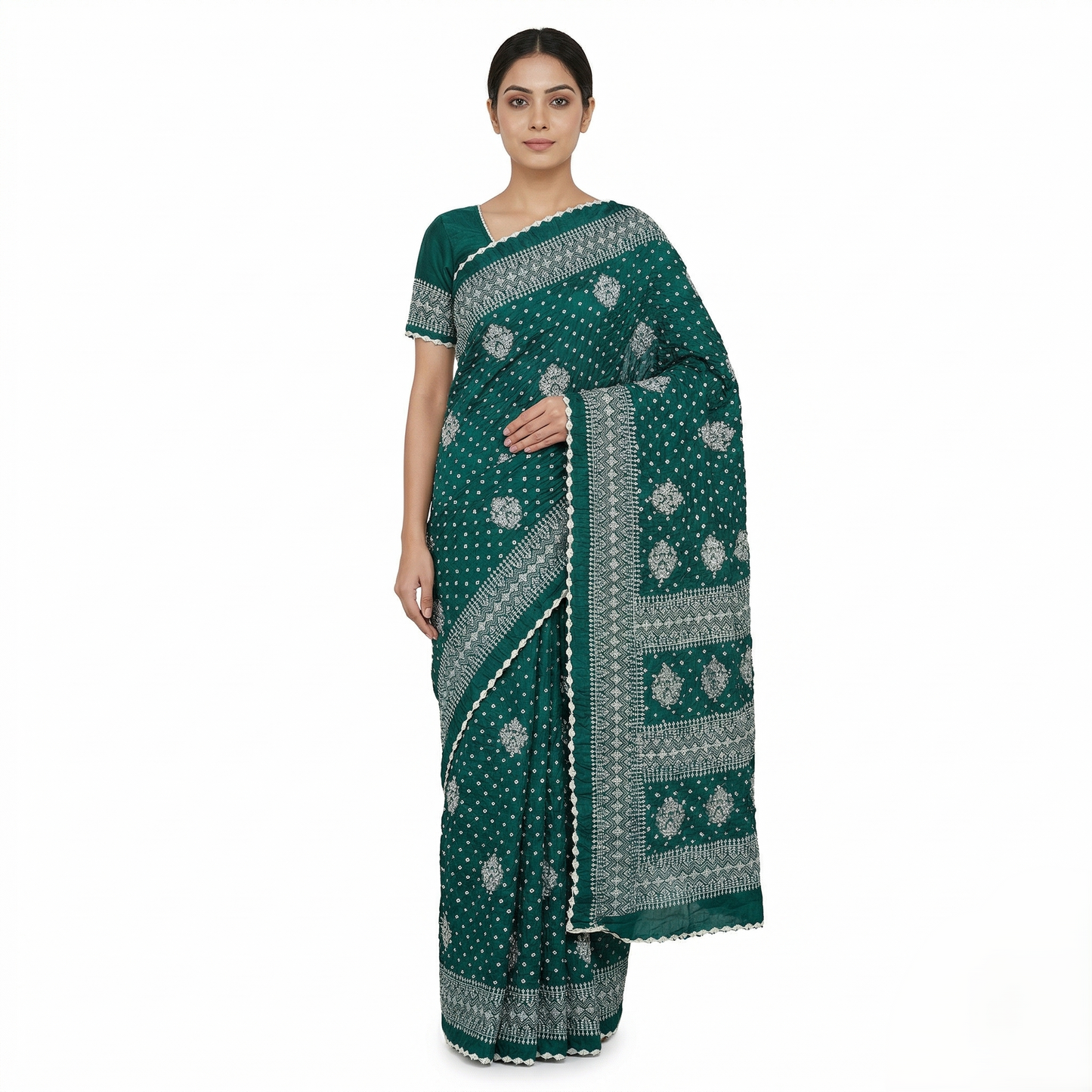 Teal Bandhani Saree with Silver Embroidery