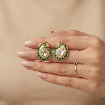 Emerald Paisley Gold Plated Silver Earrings