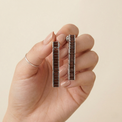 Elegant Crimson Glow Silver Bar Earrings