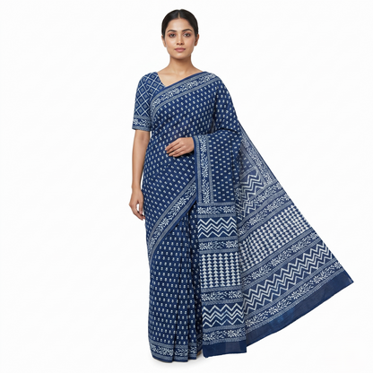 Indigo Elegance Block-Printed Cotton Saree