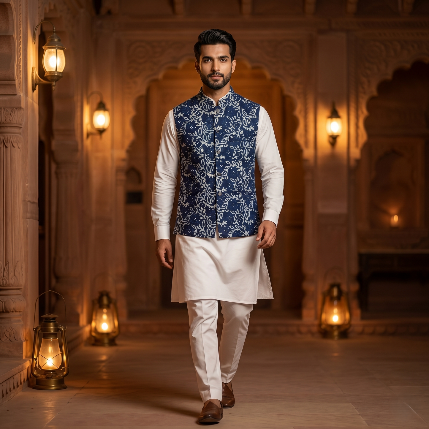 Indigo Silk Heritage Leaf Motif Waistcoat