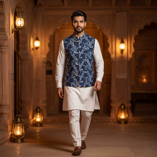 Indigo Silk Heritage Leaf Motif Waistcoat