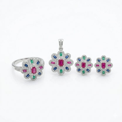 Exquisite Floral 92.5 Silver Multi-Gemstone Set