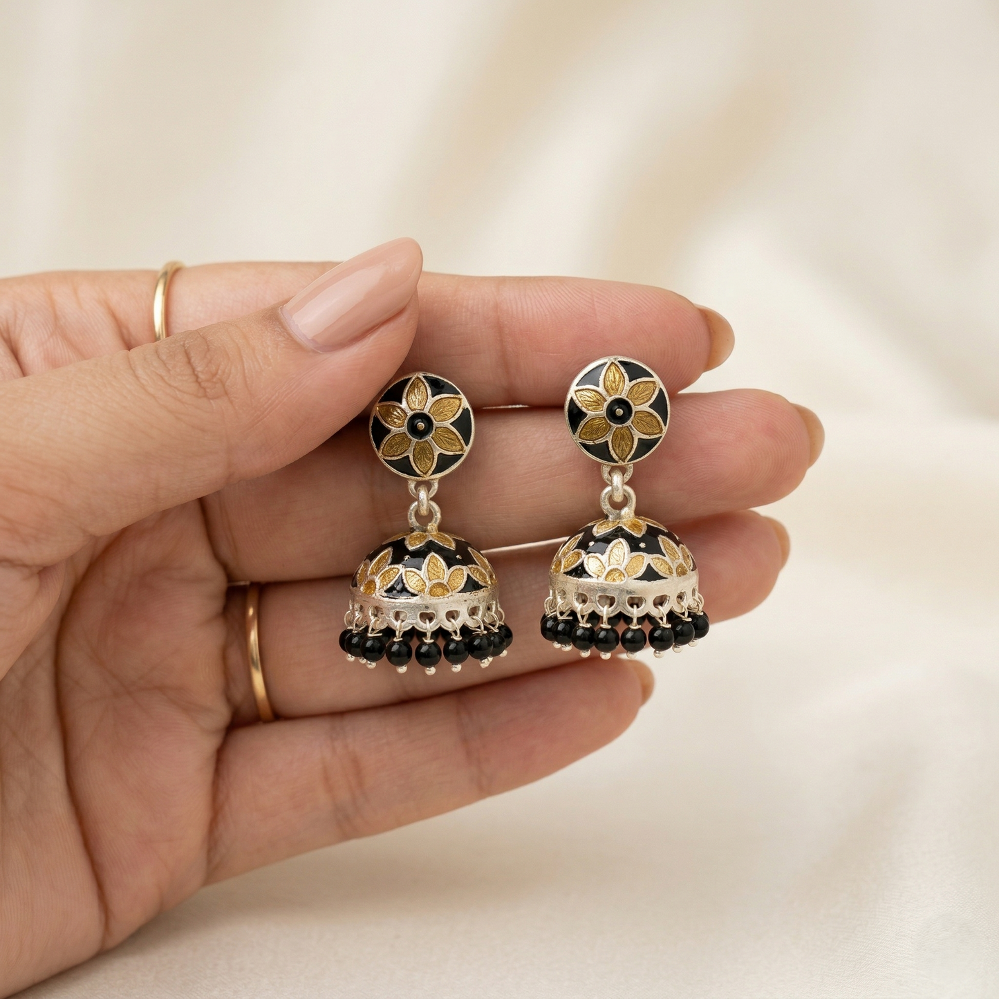 Floral Elegance Silver Enamel Jhumka Earrings