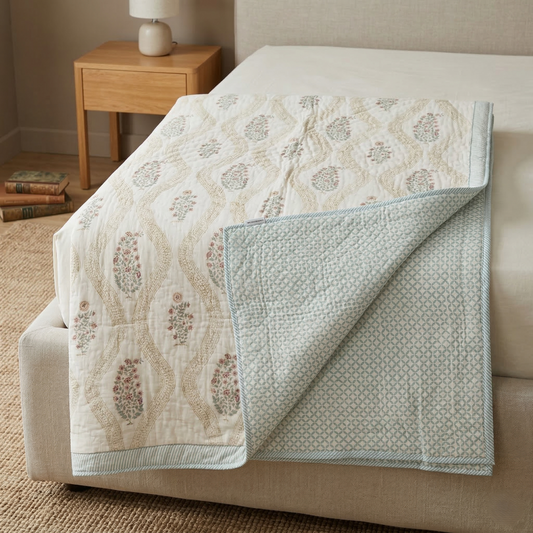 Elegant Floral Lattice Block Print Quilt