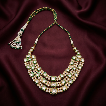 Triple-Layer Kundan Green Enamel Silver Necklace