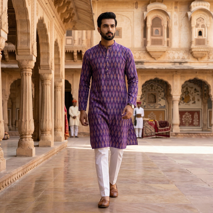Royal Purple Ikat Cotton Men's Kurta