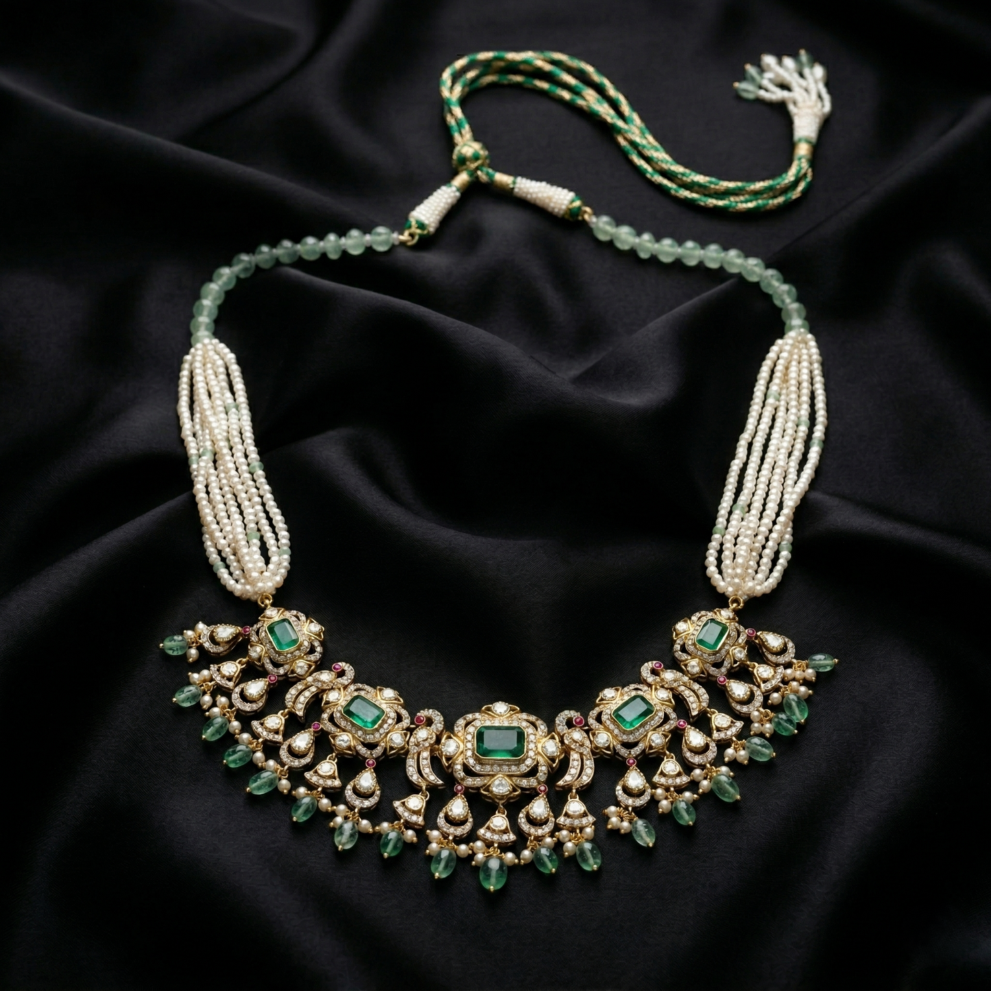 Ethereal Emerald Silver Pearl Heritage Necklace