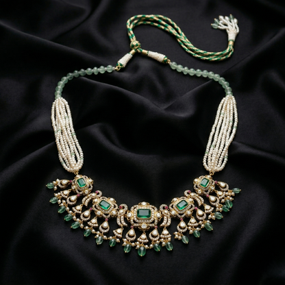 Ethereal Emerald Silver Pearl Heritage Necklace