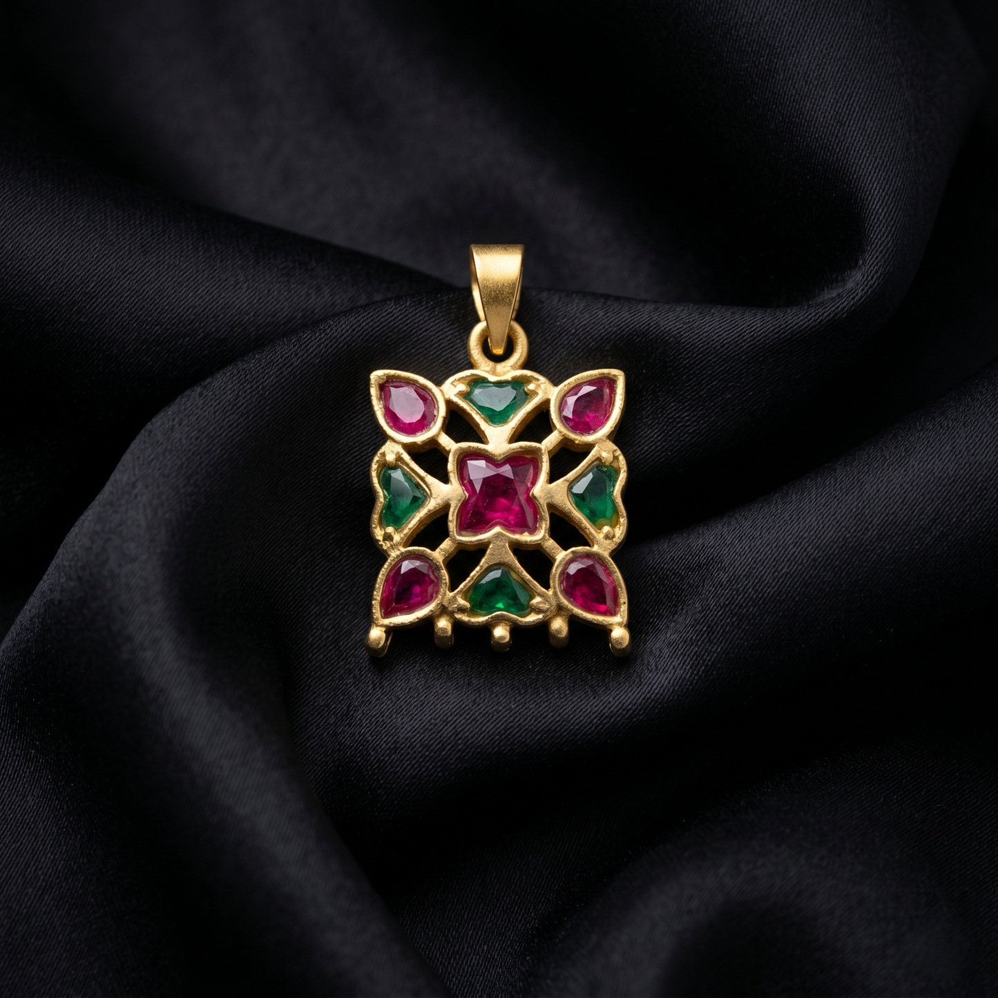 Handcrafted Floral Silver Ruby Emerald Pendant