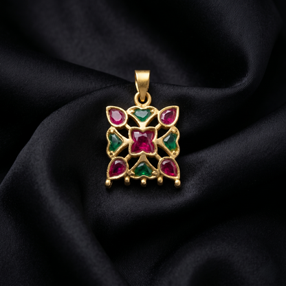 Handcrafted Floral Silver Ruby Emerald Pendant