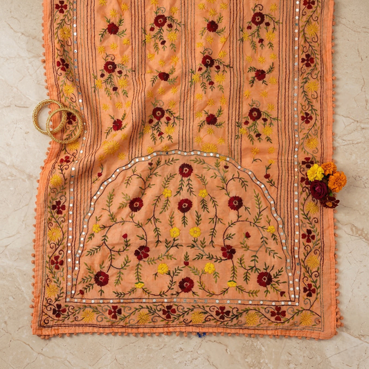 Floral Peach Phulkari Mirror Work Dupatta