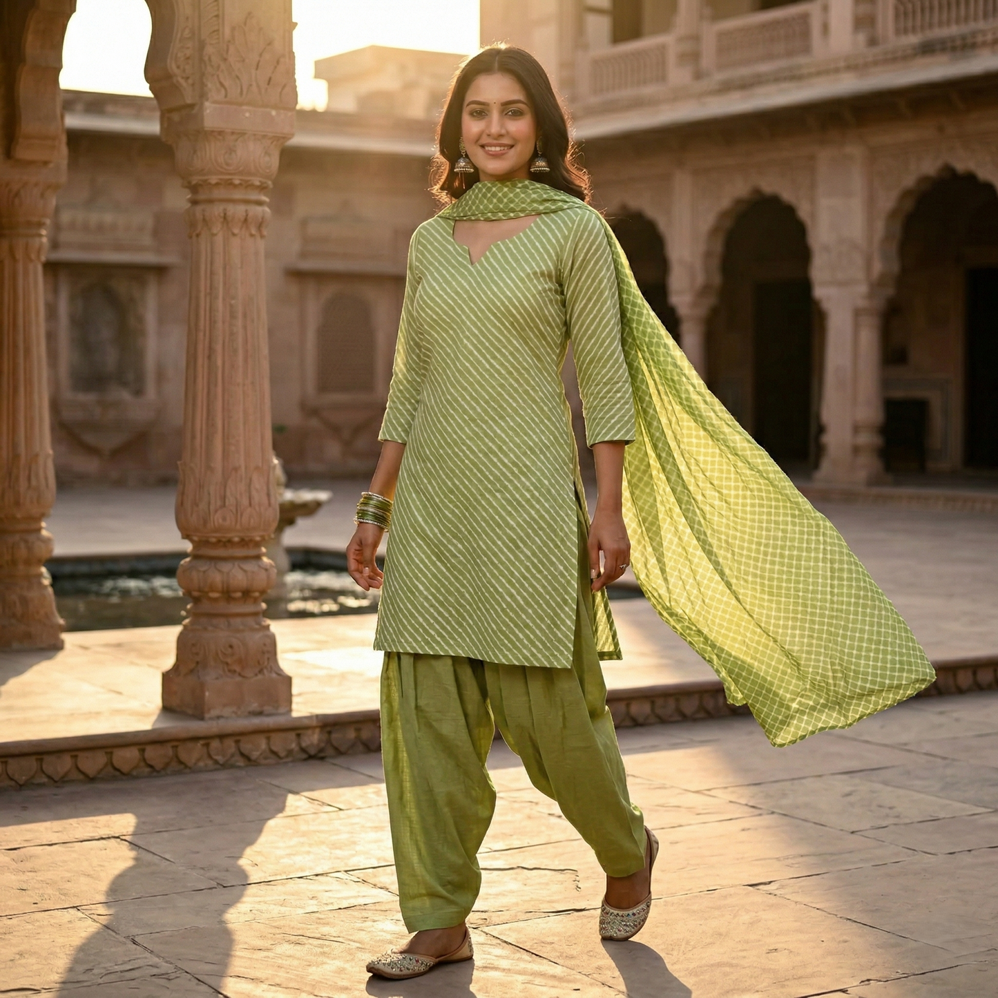 Sage Green Leheriya Unstitched Suit Set