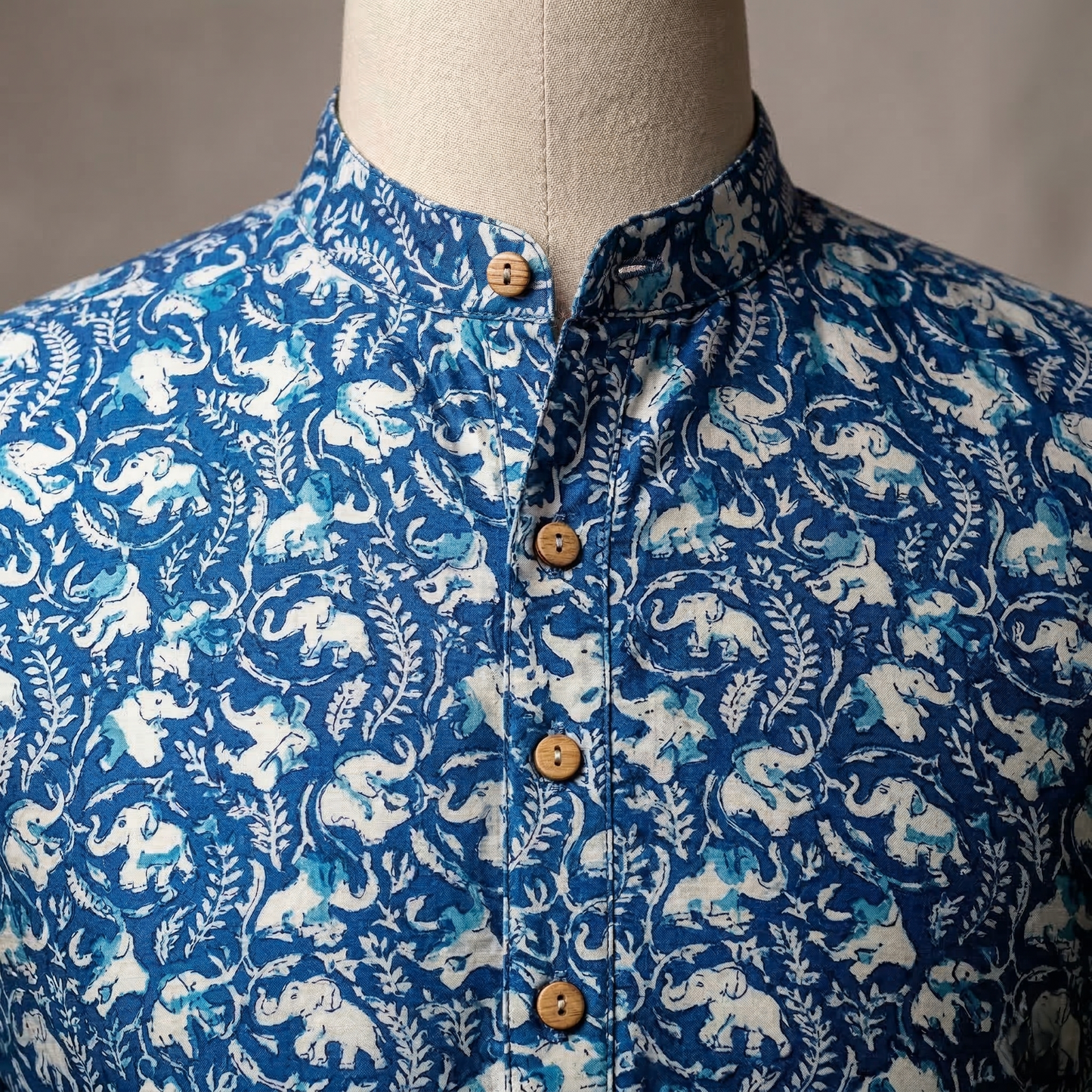Indigo Floral Print Cotton Men's Kurta