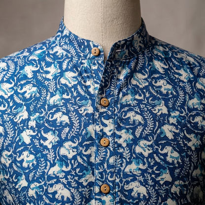 Indigo Floral Print Cotton Men's Kurta