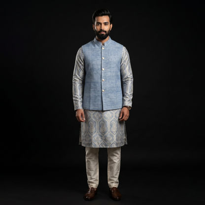 Premium Sky Blue Heritage Linen Waistcoat