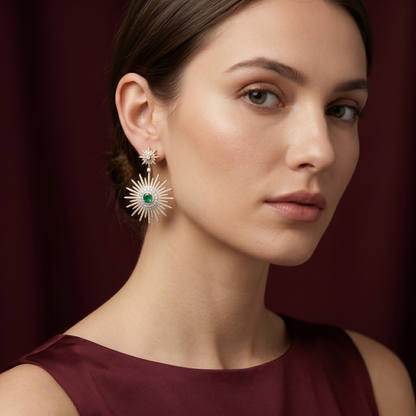 Celestial Emerald Starburst Silver Drop Earrings