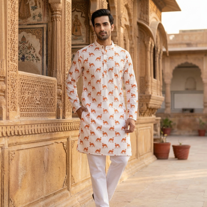 Elegant Camel Print Heritage Cotton Kurta