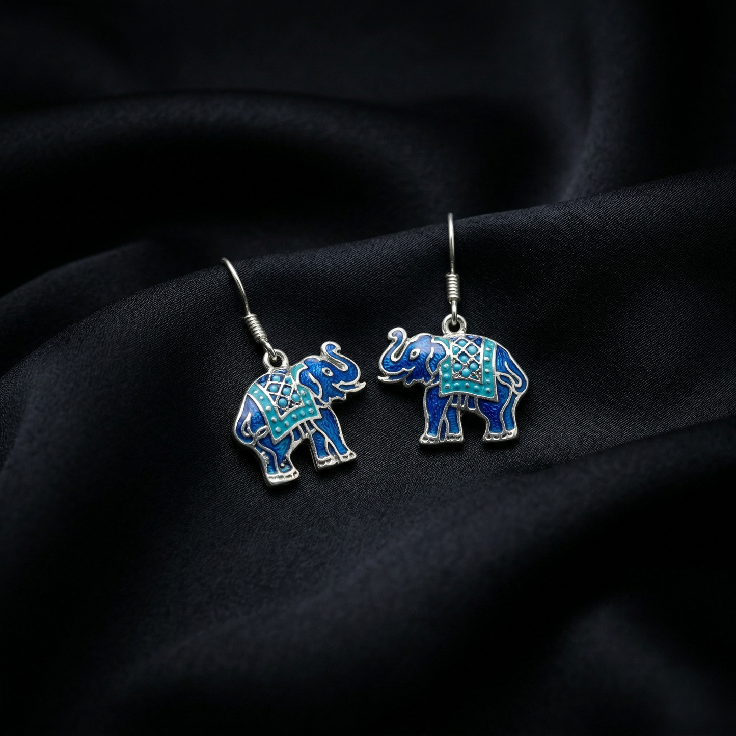 Royal Blue Meenakari Silver Elephant Drops