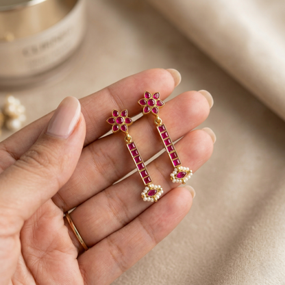Ruby Studded Floral Gold Plated Silver Drops