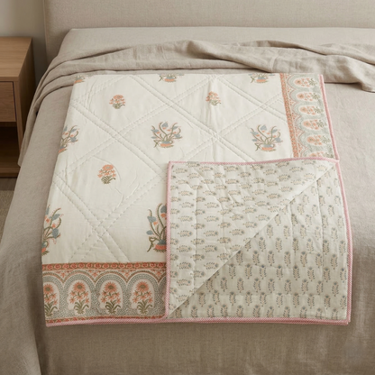 Hand Block Floral Cotton Coverlet Quilt