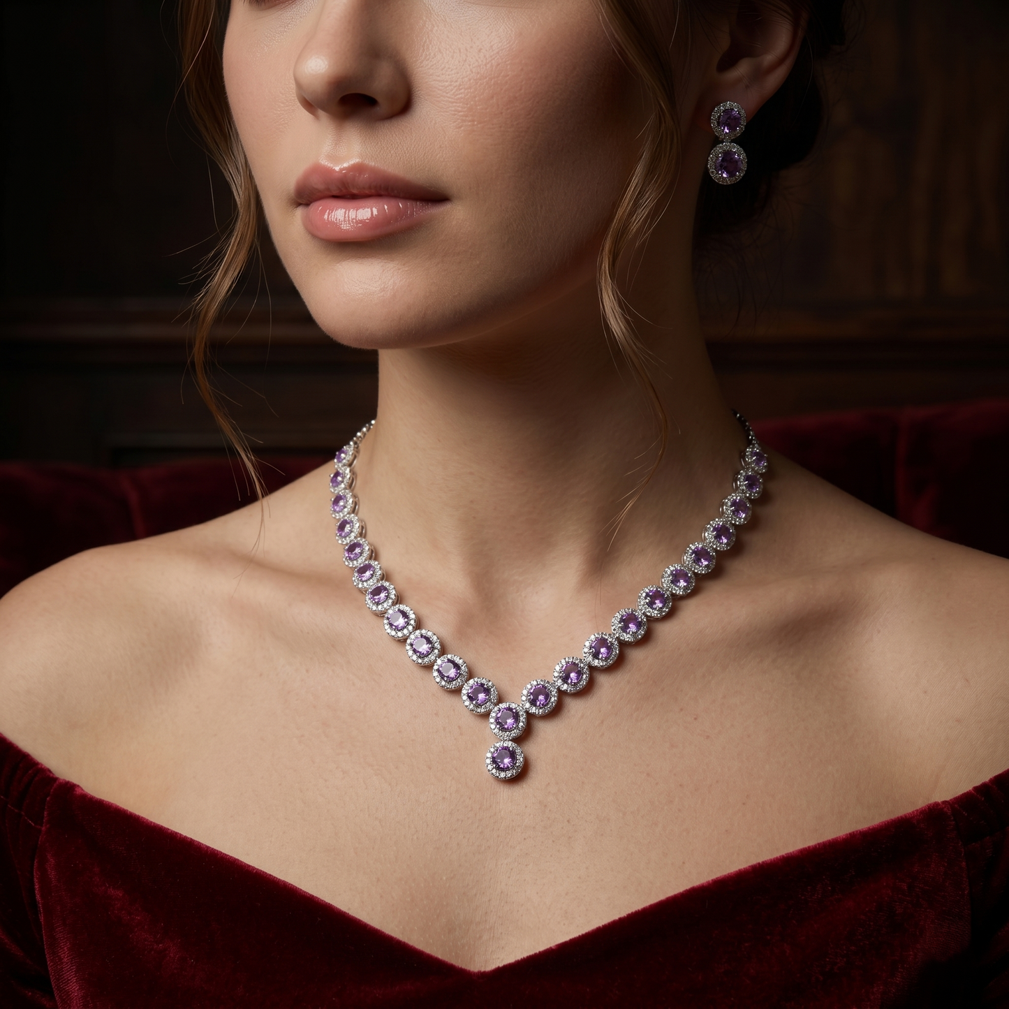 Elegant Amethyst Silver Halo Jewelry Set
